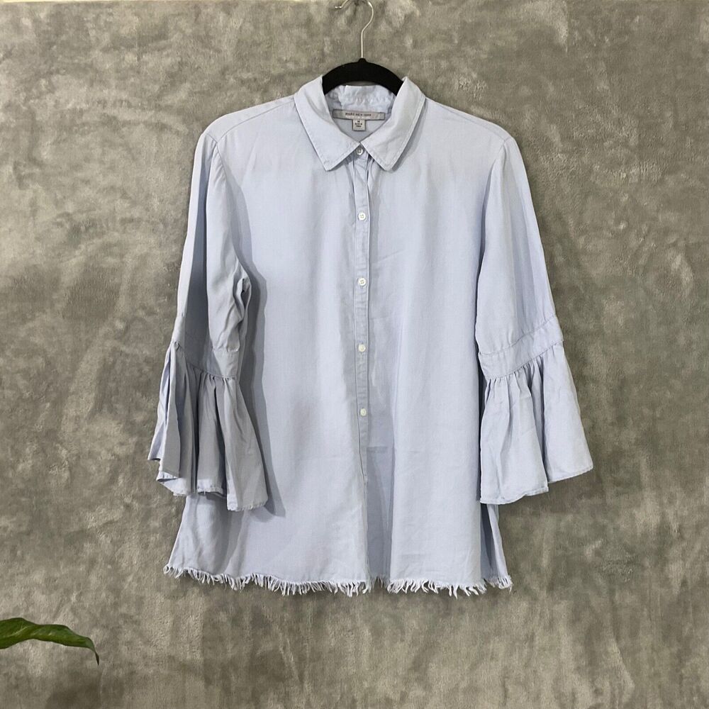 Marc New York Andrew Marc Chambray Blouse Women’s M Blue Lyocell raw hem